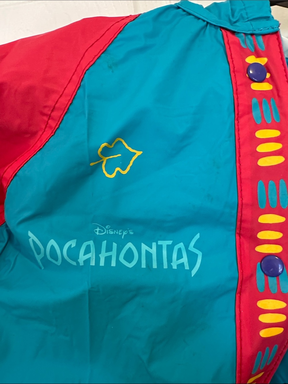 Vintage Disney Pocahontas Red & Teal Hooded Rain Jacket with Character Graphic - Picture 4 of 7